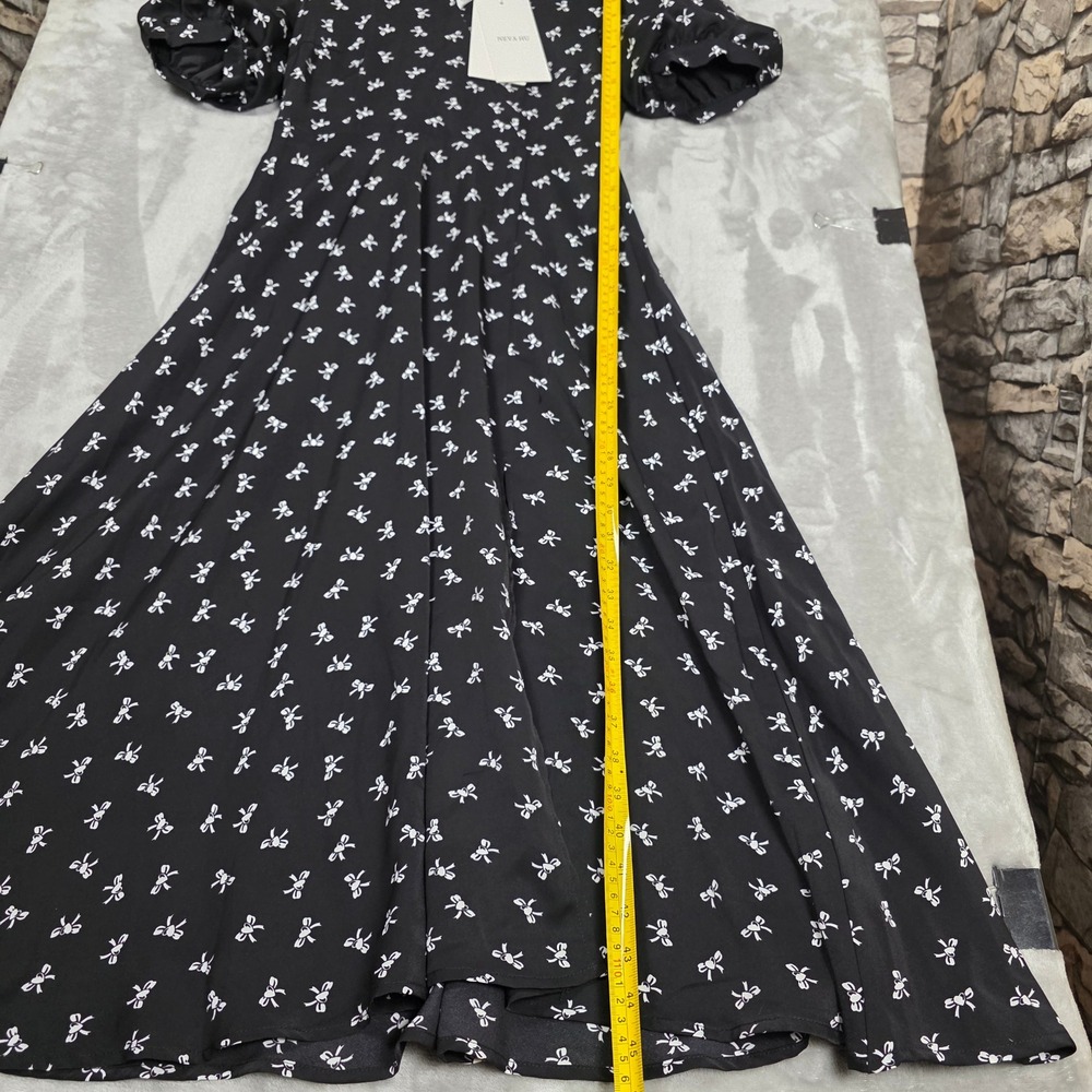 NEVA HU Bow Print Puff Sleeve Maxi Dress Women L‎ Black NEW Flowy Cottagecore - Picture 3 of 13